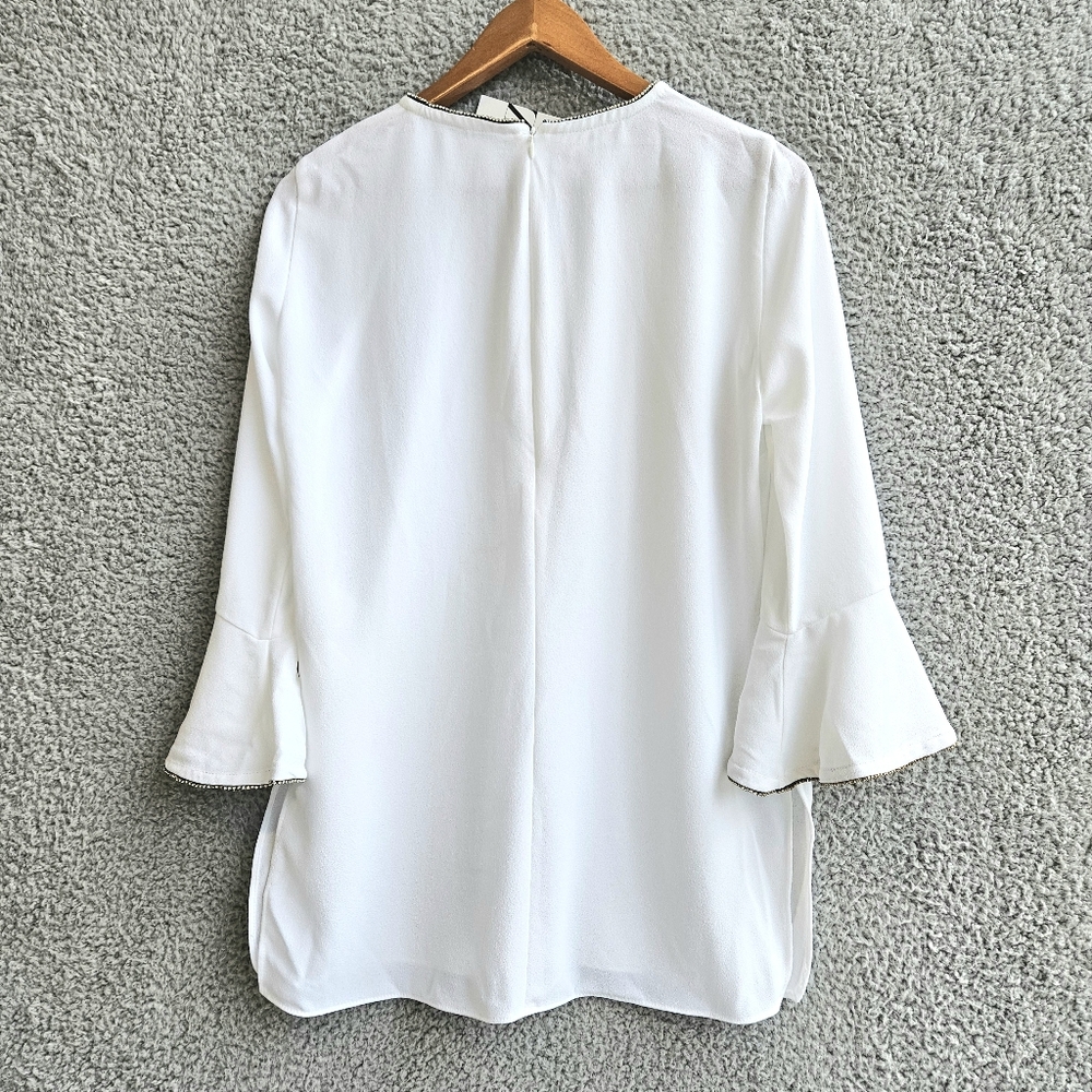 Zara White Top M Medium Flare Sleeve Rhinestones Minimalist Dressy Glam Tunic - Picture 7 of 16